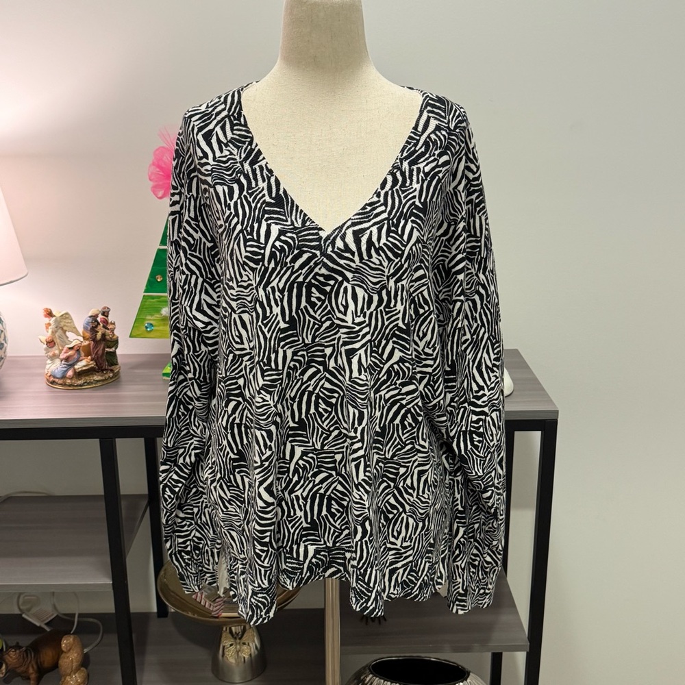 Michael Kors Black & White Zebra Print Knit Sweater Top – Women’s 1X